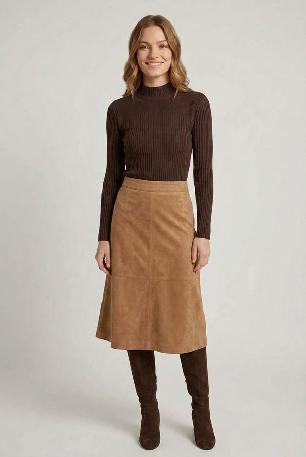 Brown | Striped Texture High Neck Slim Knit Top