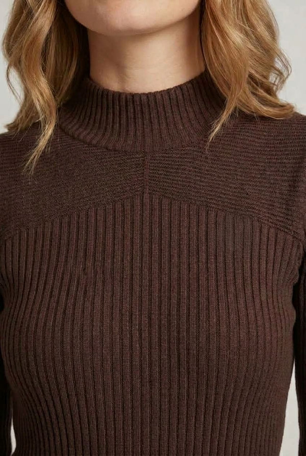 Brown | Striped Texture High Neck Slim Knit Top