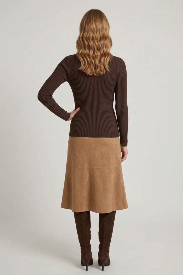 Brown | Striped Texture High Neck Slim Knit Top