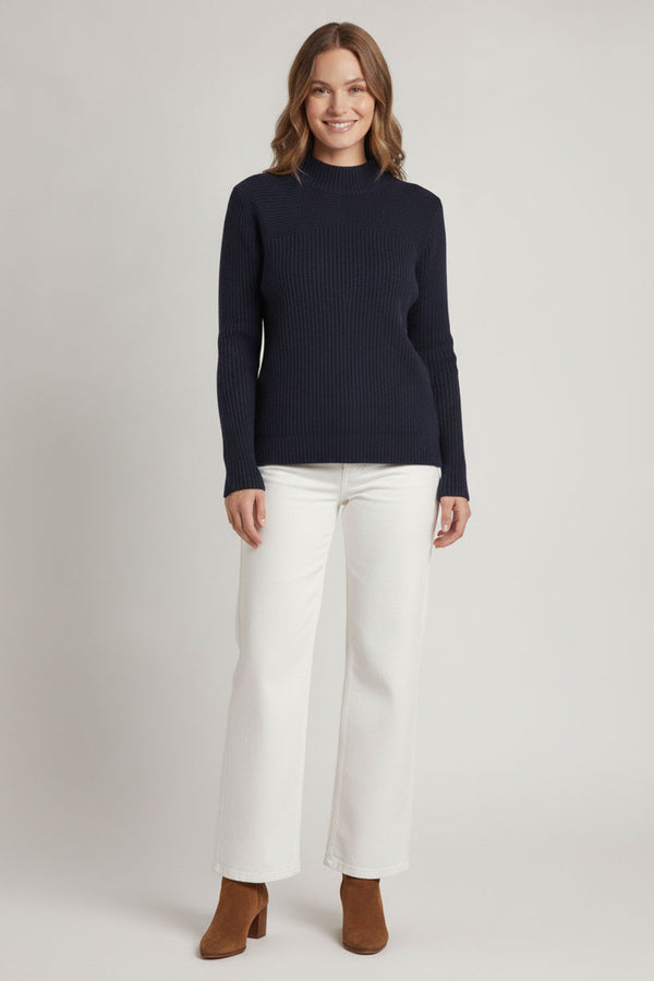 Navy | Striped Texture High Neck Slim Knit Top