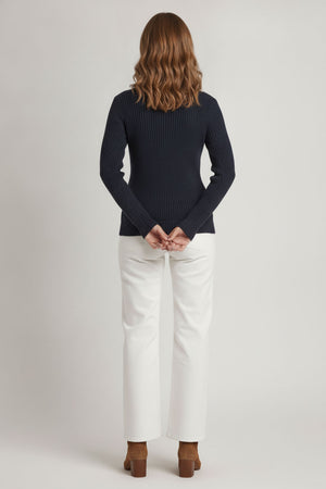 Navy | Striped Texture High Neck Slim Knit Top