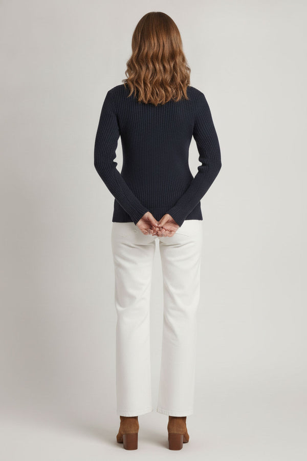 Navy | Striped Texture High Neck Slim Knit Top