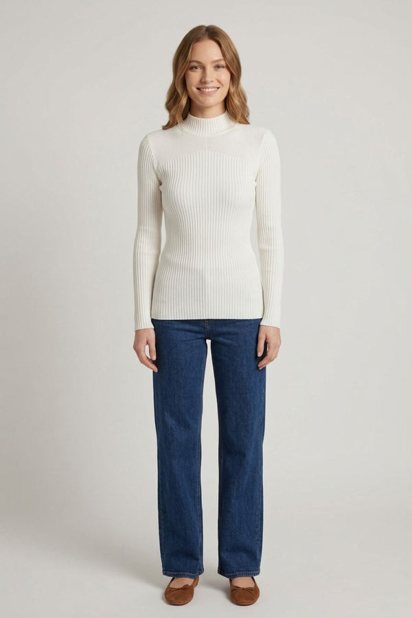 White | Striped Texture High Neck Slim Knit Top