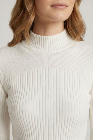 White | Striped Texture High Neck Slim Knit Top