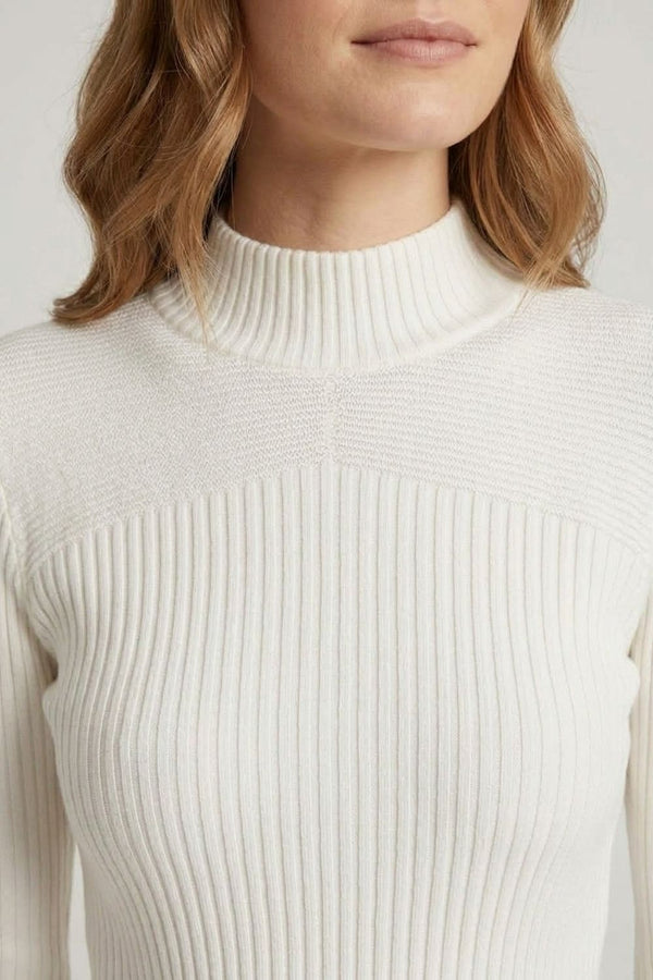 White | Striped Texture High Neck Slim Knit Top