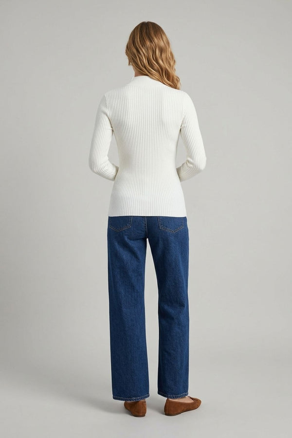 White | Striped Texture High Neck Slim Knit Top