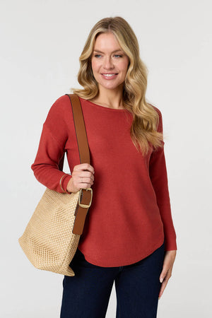 Brown | Textured Batwing Long Sleeve Jumper : Model is 5'10