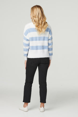 Blue | Striped Side Split Knit Pullover