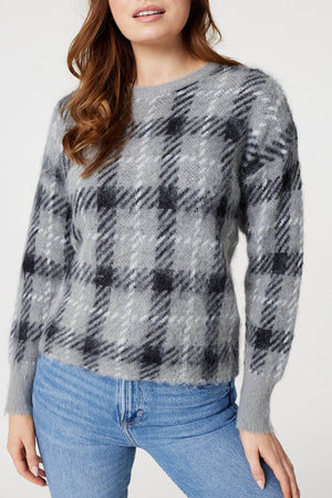 Grey | Checked Long Sleeve Knit Pullover