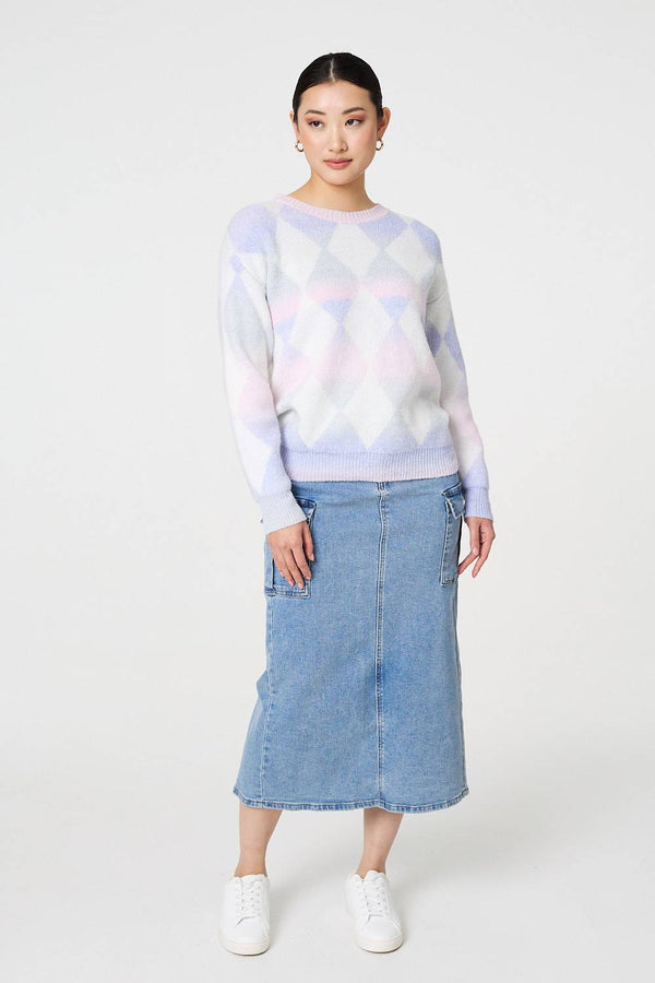 Lilac | Printed Relaxed Fit Round Neck Jumper
