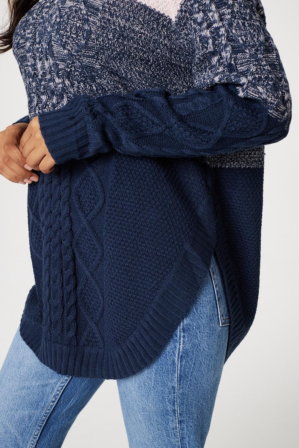 Navy | Colour Block Cable Knit Pullover
