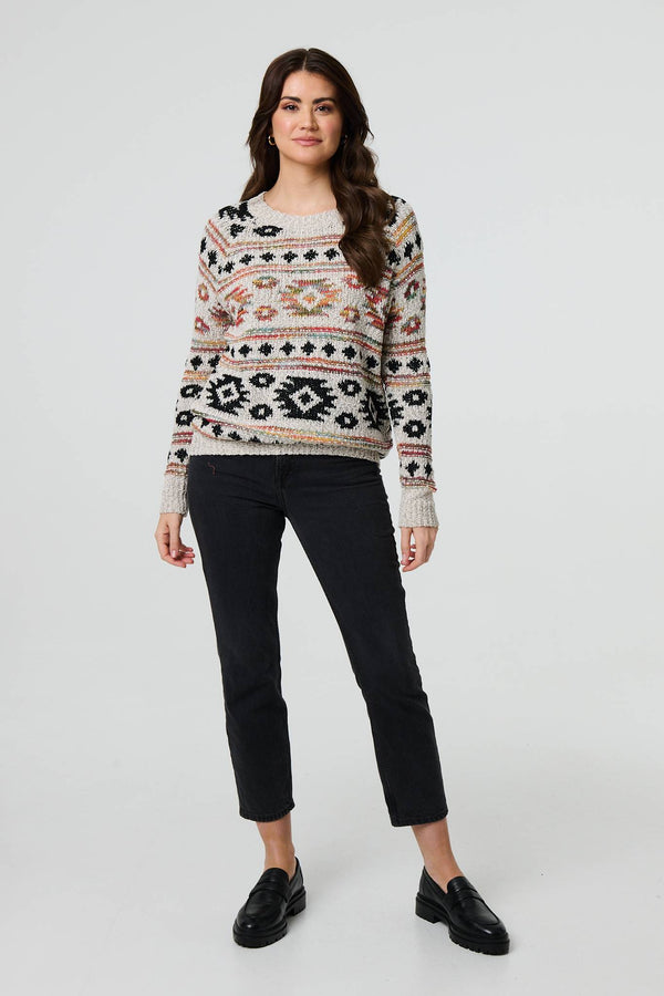 Beige | Aztec Print Long Sleeve Knit Jumper
