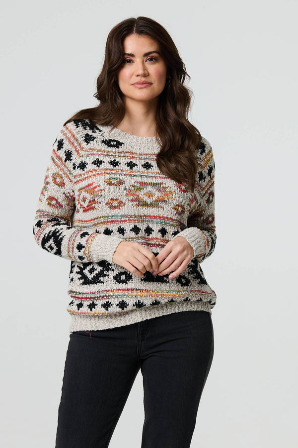 Beige | Aztec Print Long Sleeve Knit Jumper
