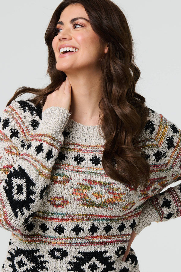 Beige | Aztec Print Long Sleeve Knit Jumper
