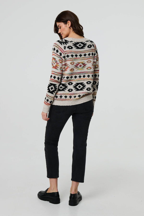Beige | Aztec Print Long Sleeve Knit Jumper
