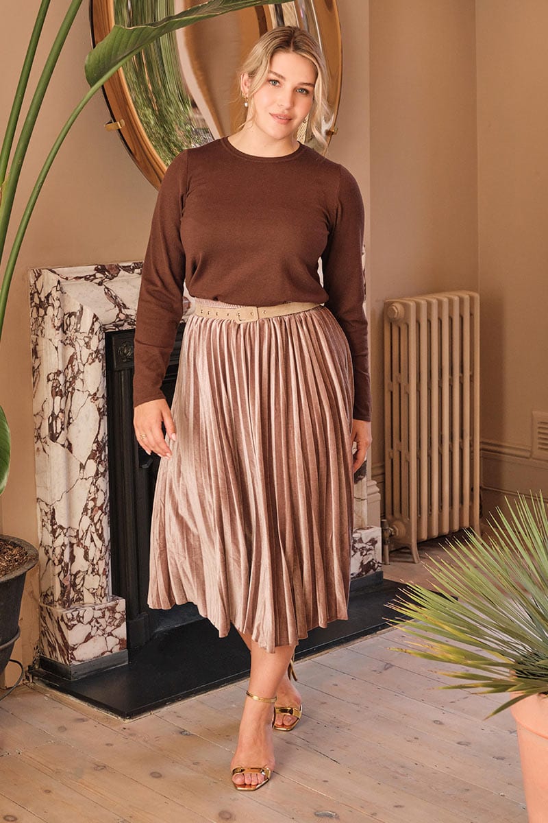 Pink | High Waist Pleated Midi Skirt
