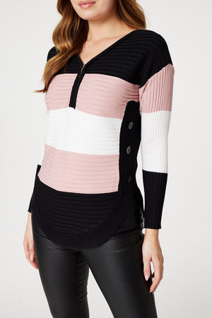 Pink | Striped Button Side Knit Pullover