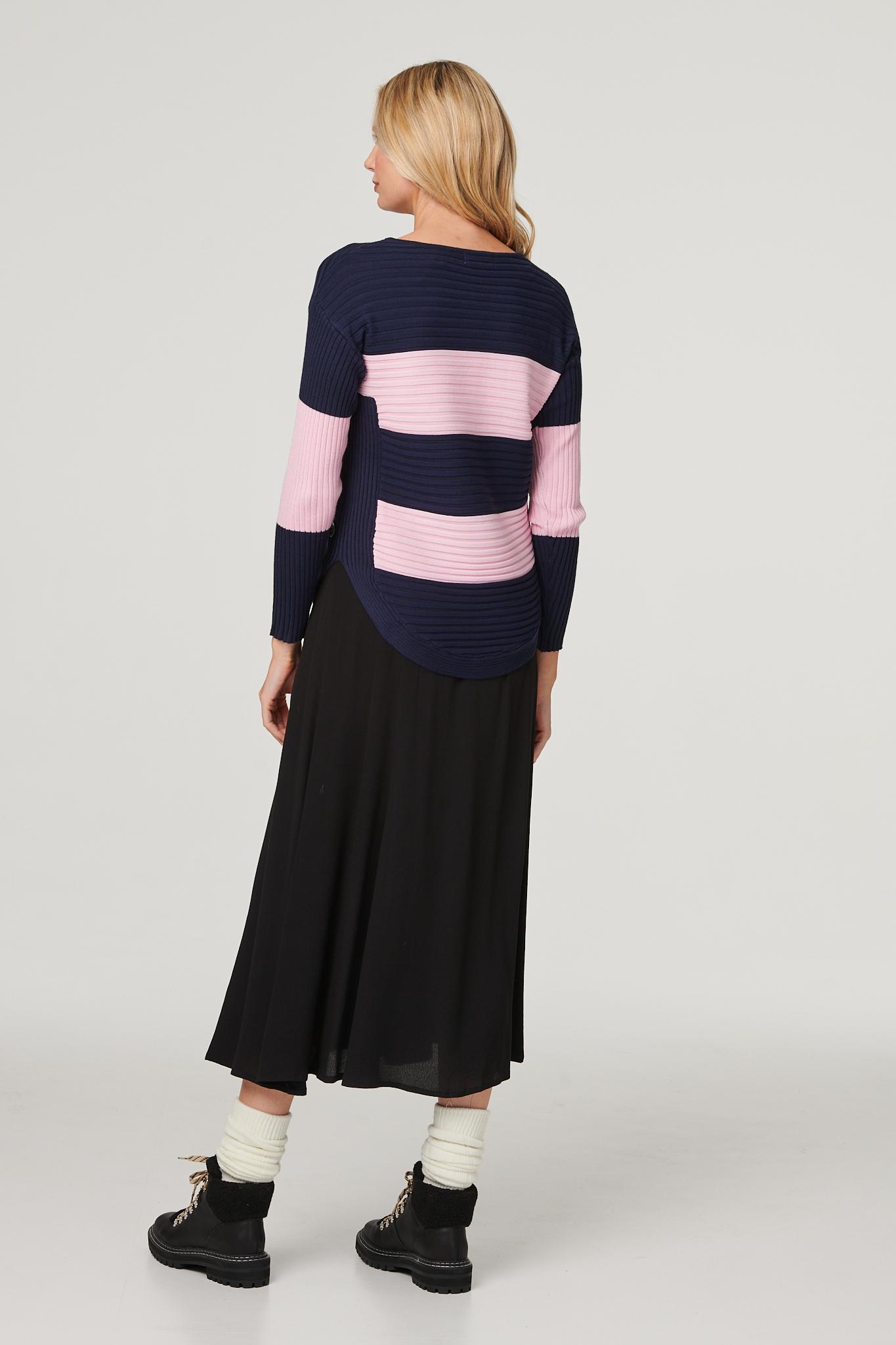 Navy | Striped Zip Front Ribbed Knit Top