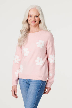 Pink | Floral Relaxed Knit Jumper : Model is 5'8.5"/174 cm and wears UK8/EU36/US4/AUS8