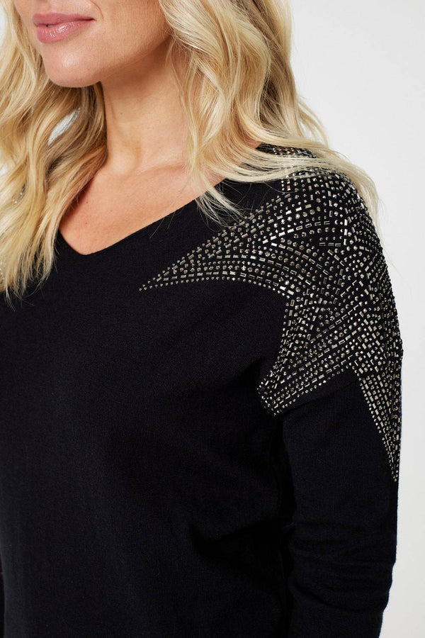Black | Star Sequin Studded Long Sleeve Jumper
