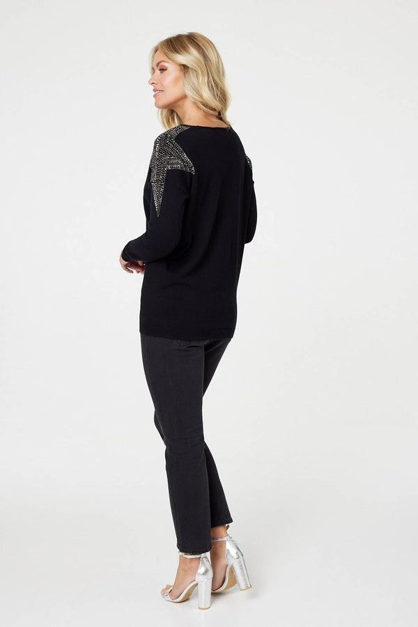 Black | Star Sequin Studded Long Sleeve Jumper
