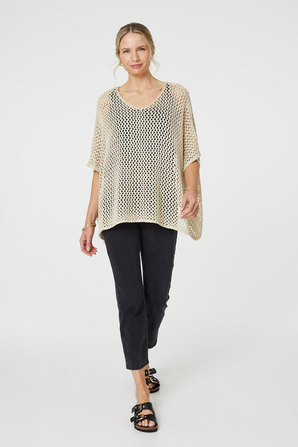 Beige | Sheer Crochet Relaxed Batwing Sleeve Top