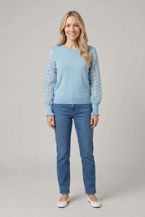 Blue | Semi Sheer Textured Sleeve Knit Top