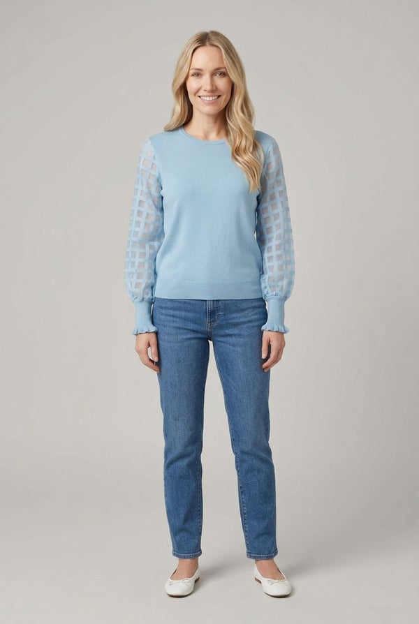 Blue | Semi Sheer Textured Sleeve Knit Top