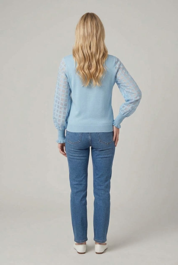 Blue | Semi Sheer Textured Sleeve Knit Top