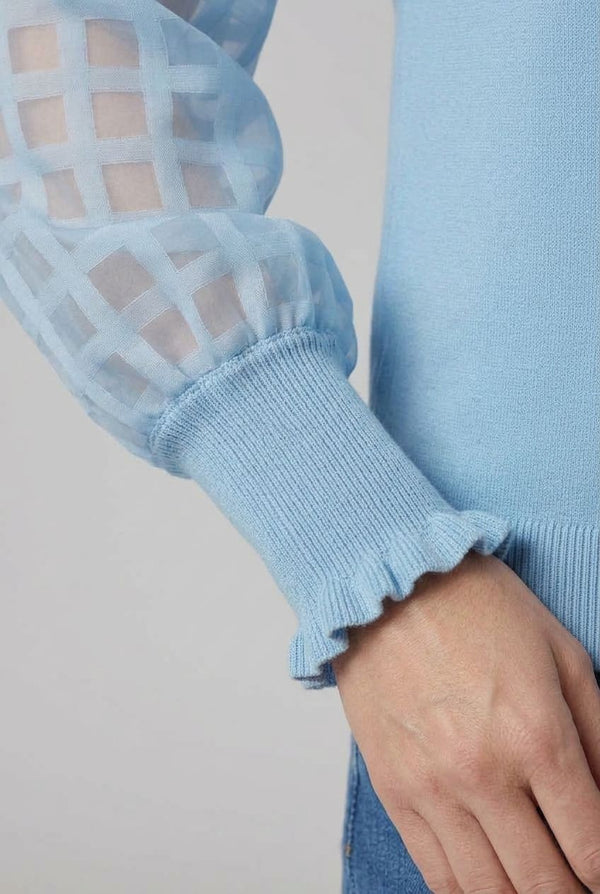 Blue | Semi Sheer Textured Sleeve Knit Top