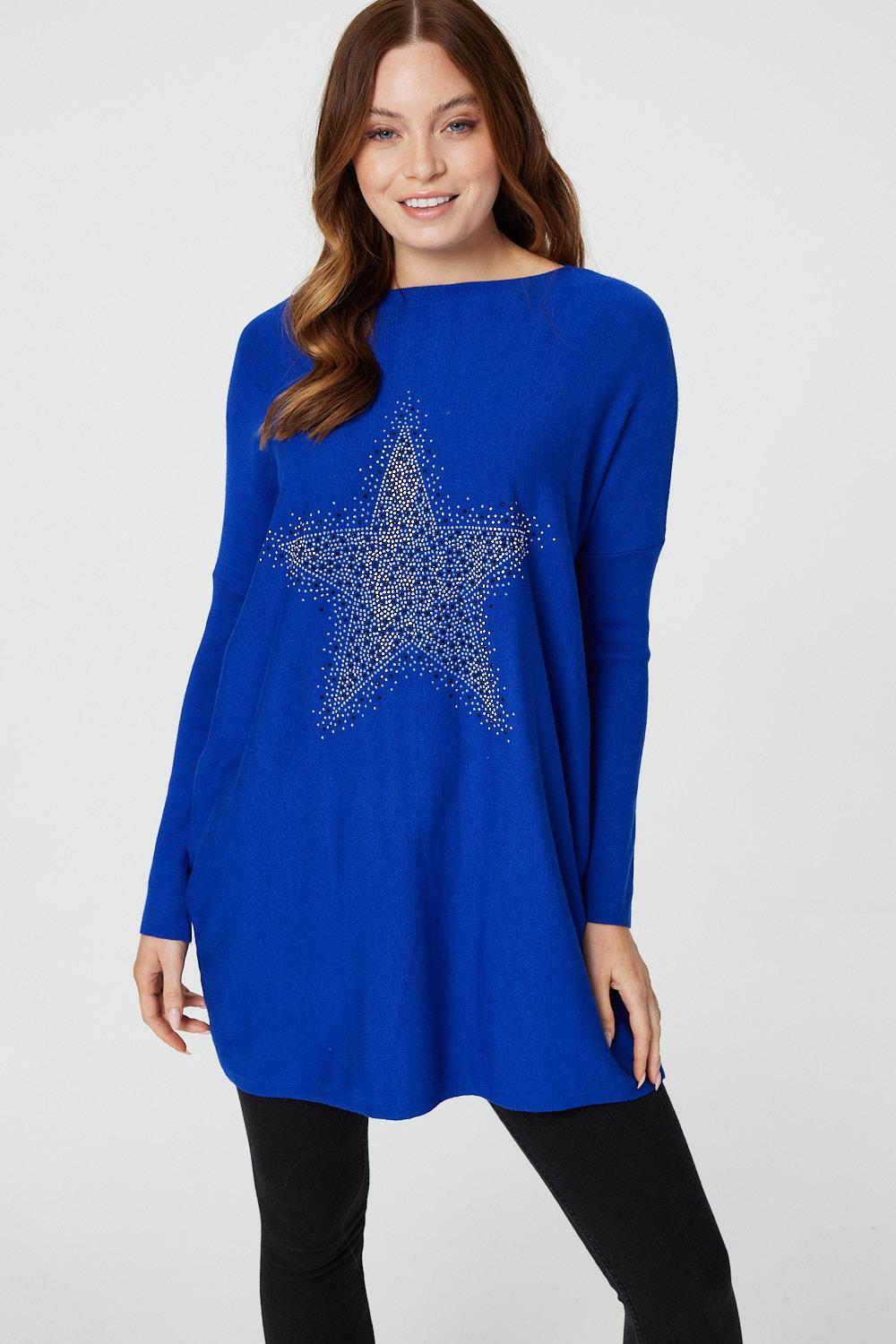 Blue | Star Embellished Knit Tunic Top