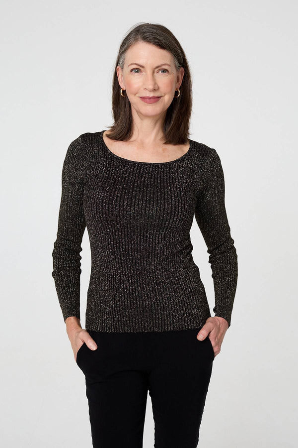Black | Sparkly Textured Slim Fit Knit Top

