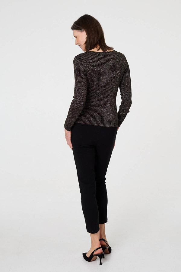 Black | Sparkly Textured Slim Fit Knit Top
