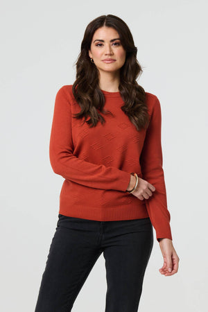 Orange | Embroidered Texture Long Sleeve Jumper
