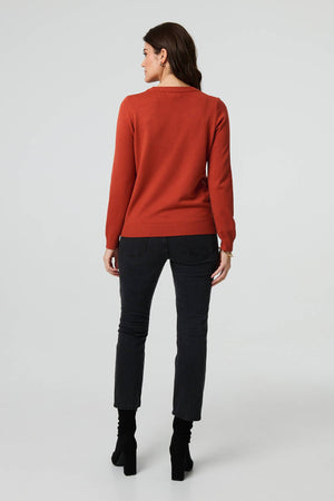 Orange | Embroidered Texture Long Sleeve Jumper
