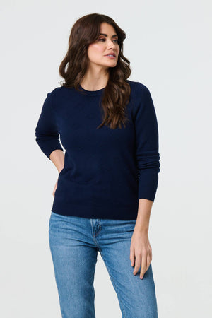 Navy | Embroidered Texture Long Sleeve Jumper
