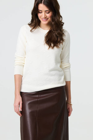 White | Embroidered Texture Long Sleeve Jumper
