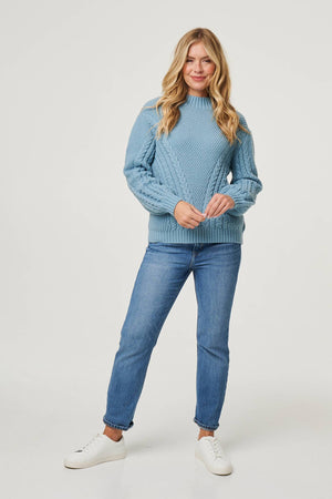 Blue | Chevron Texture Knit High Neck Jumper
