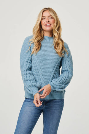 Blue | Chevron Texture Knit High Neck Jumper : Model is 5'10