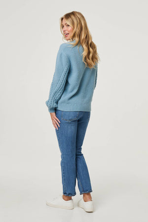 Blue | Chevron Texture Knit High Neck Jumper
