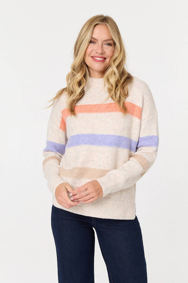 Beige | Striped High Neck Boxy Jumper