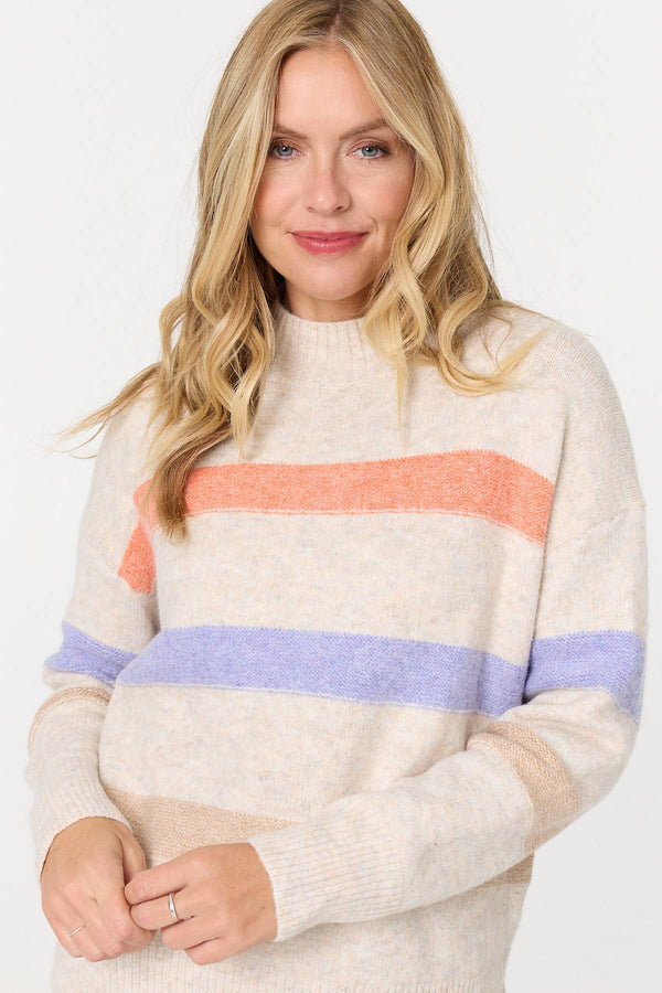Beige | Striped High Neck Boxy Jumper