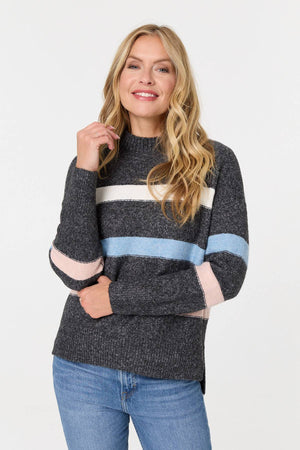 Black | Striped High Neck Boxy Jumper : Model is 5'10