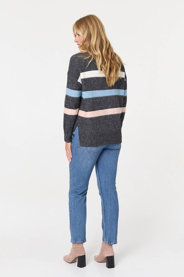 Black | Striped High Neck Boxy Jumper
