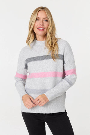 Grey | Striped High Neck Boxy Jumper : Model is 5'10
