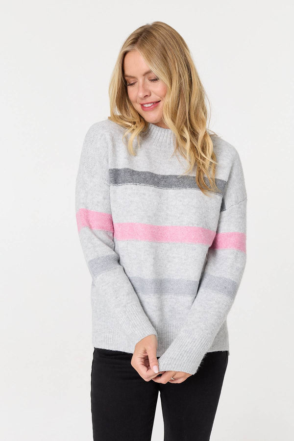 Grey | Striped High Neck Boxy Jumper