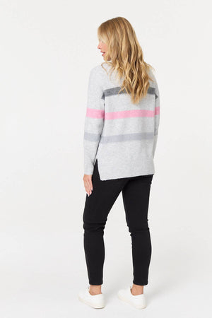 Grey | Striped High Neck Boxy Jumper