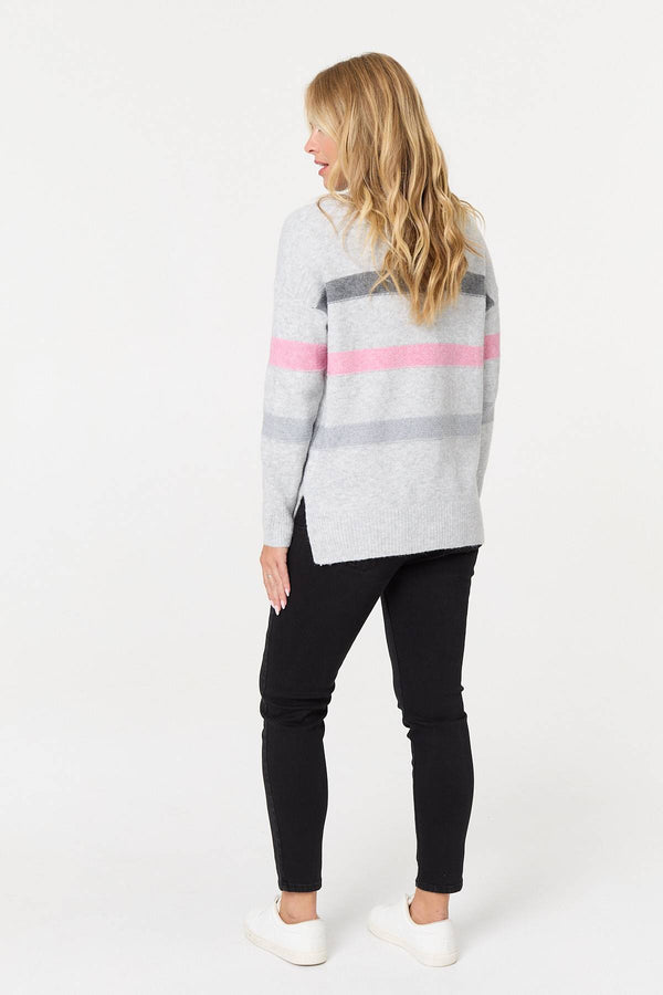 Grey | Striped High Neck Boxy Jumper