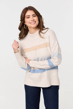 Ivory | Striped High Neck Boxy Jumper : Model is 5'9