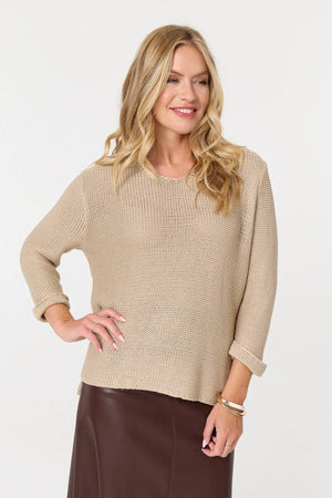 Beige | Mesh Texture 3/4 Sleeve Relaxed Top
